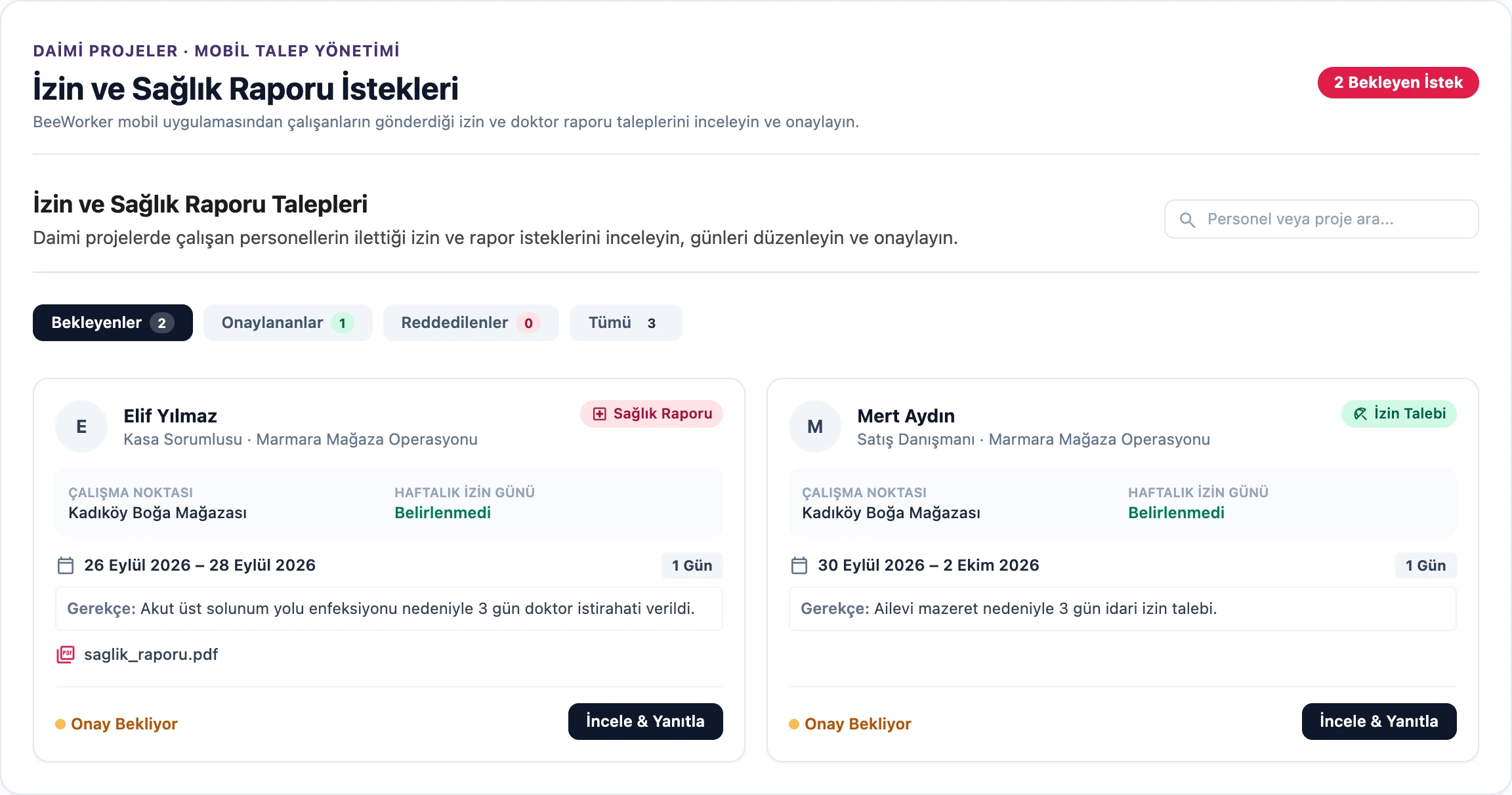 İzin ve rapor istekleri listesi; bekleyen istekler, onay/ret butonları ve rapor belgesi önizlemesi