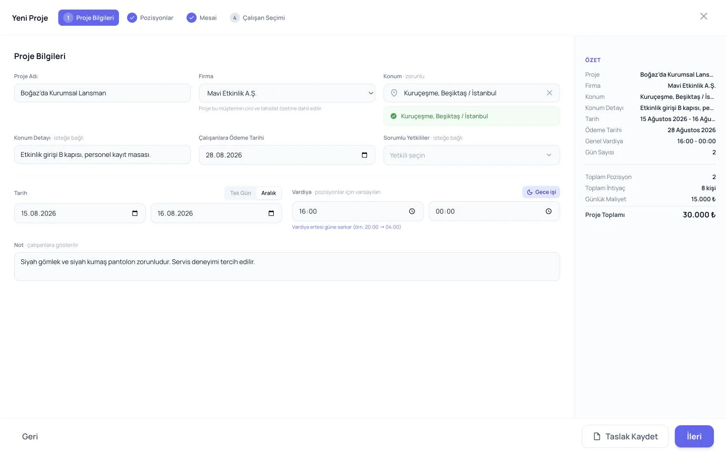 BeeAjans yeni proje sihirbazında Proje Bilgileri adımı