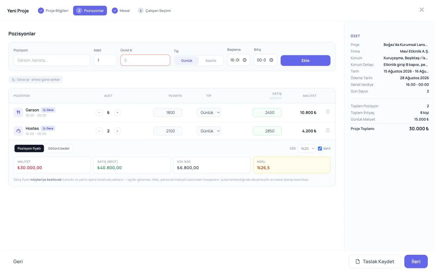 BeeAjans yeni proje sihirbazında Pozisyonlar adımı