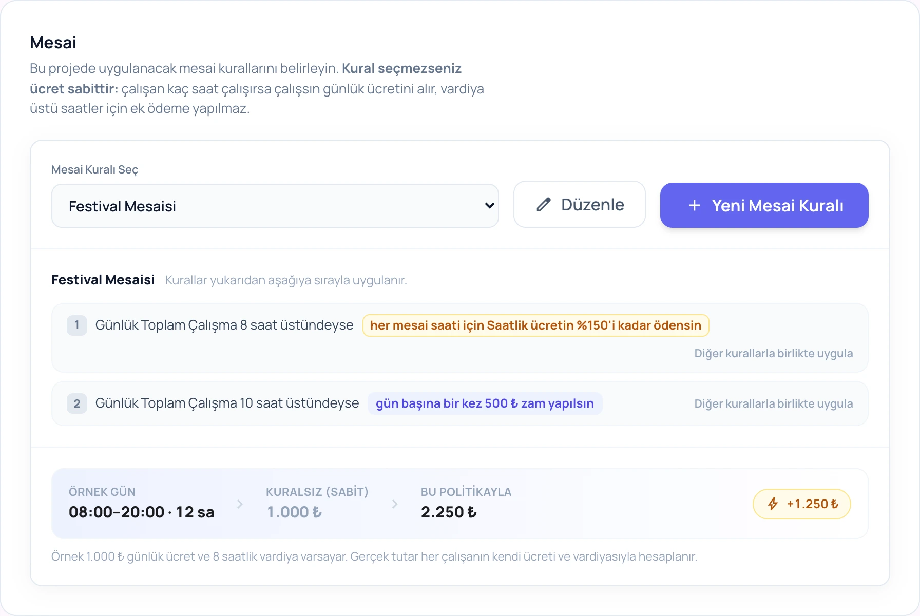 BeeAjans yeni proje sihirbazında Mesai adımı