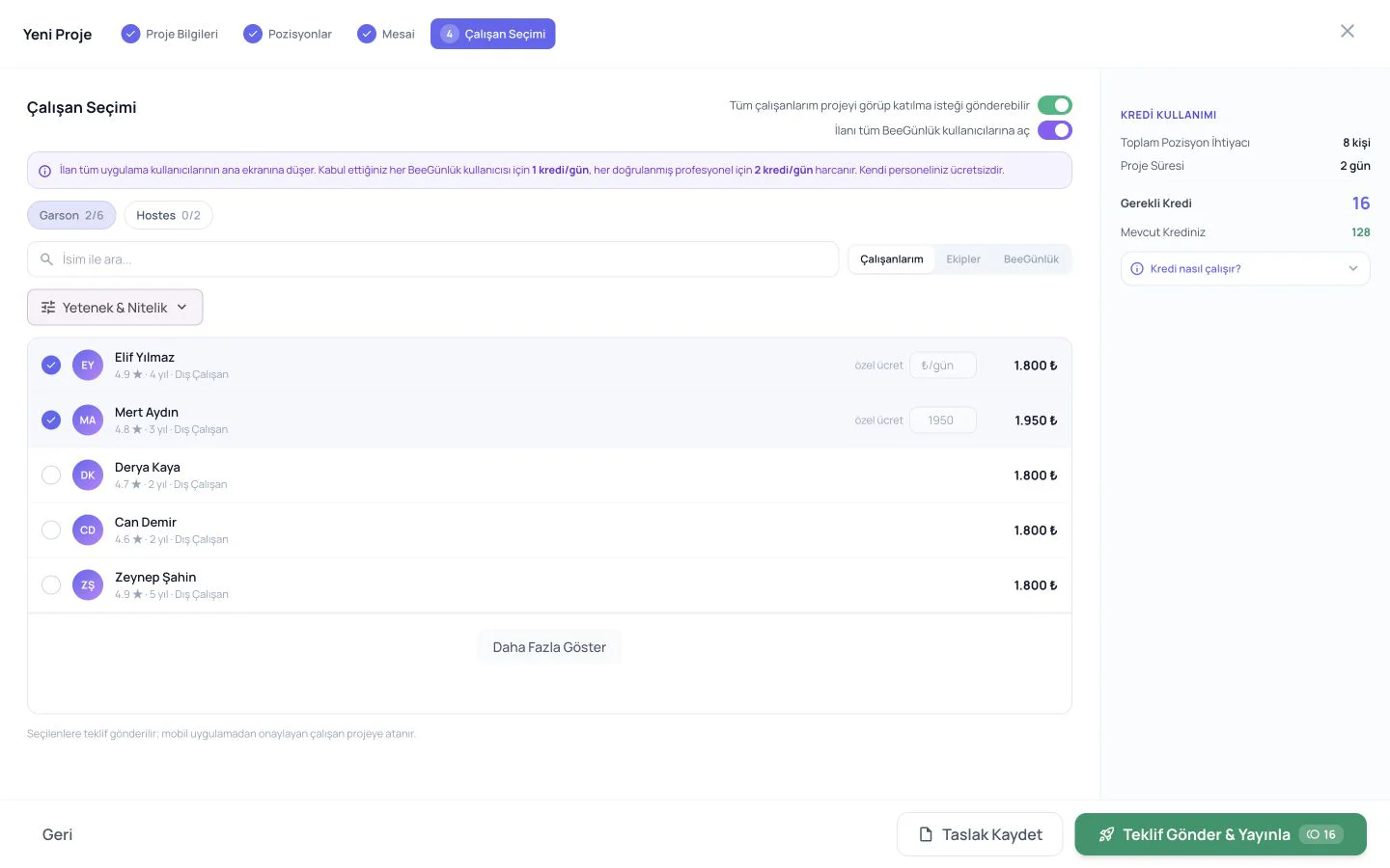 BeeAjans yeni proje sihirbazında Çalışanlarım sekmesi