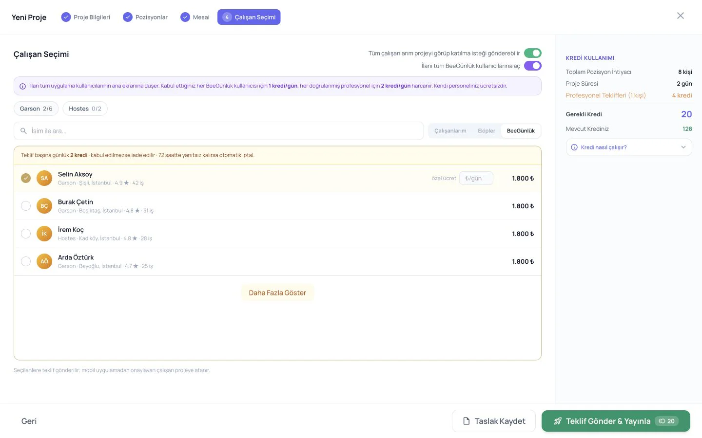 BeeAjans yeni proje sihirbazında BeeGünlük profesyonelleri sekmesi